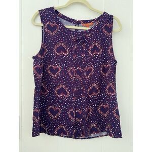 ModCloth Heart Print Sleeveless Blouse Bow Neck Pleated Top Purple Large